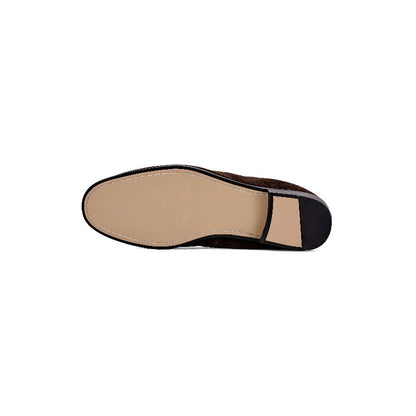 Lunepebbla Brown — handmade suede penny loafers for men, slip-on dress shoes interior leather lining detail