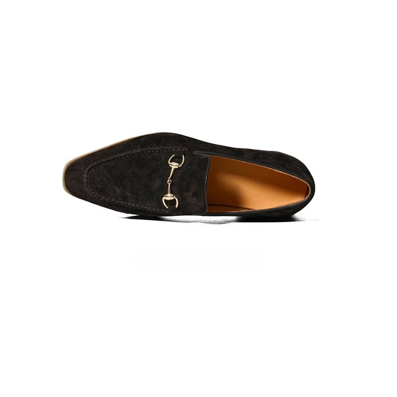 Lunepebbla tan suede horsebit loafers worn with light trousers showing suede texture on foot