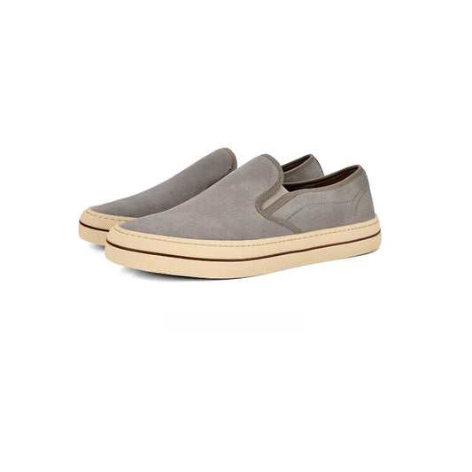 Lunepebbla Brown — handmade suede slip-on sneakers for men, gum sole casual shoes detail view