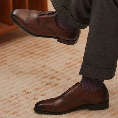 Handmade Brown Leather Laceless Cap-Toe Oxfords for Men
