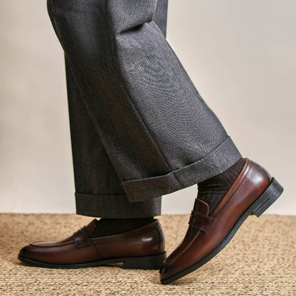 Lunepebbla waxed calfskin penny loafers with cedar shoe trees showing refined silhouette