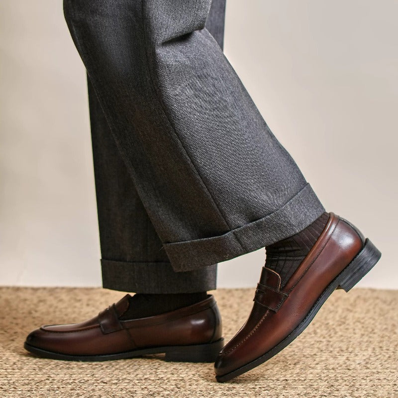 Lunepebbla waxed calfskin penny loafers with cedar shoe trees showing refined silhouette