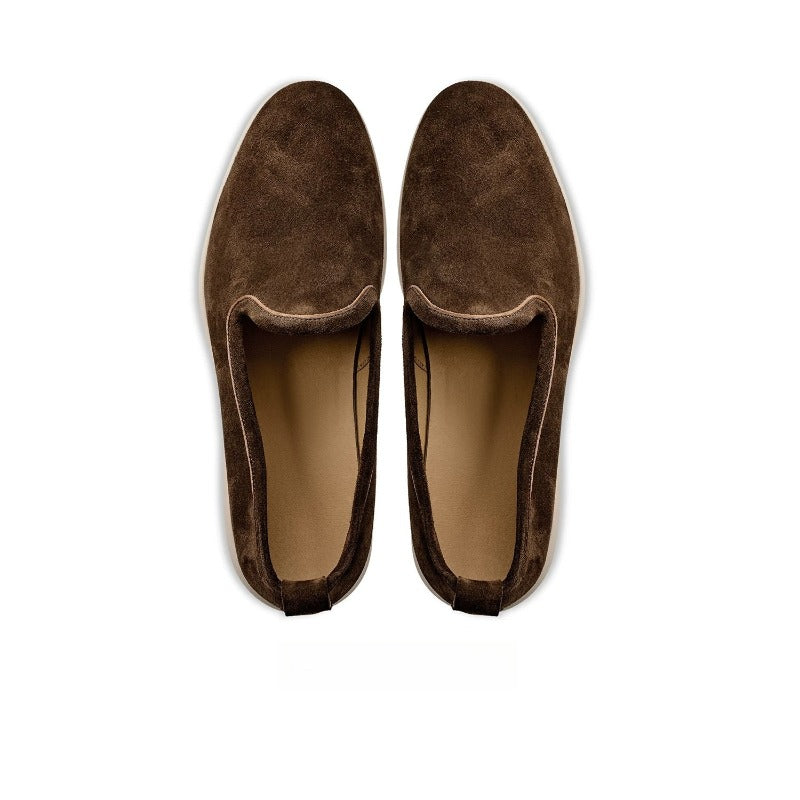 Lunepebbla Dark Brown — handmade suede loafers white sole, summer slip-on shoes for men sole view