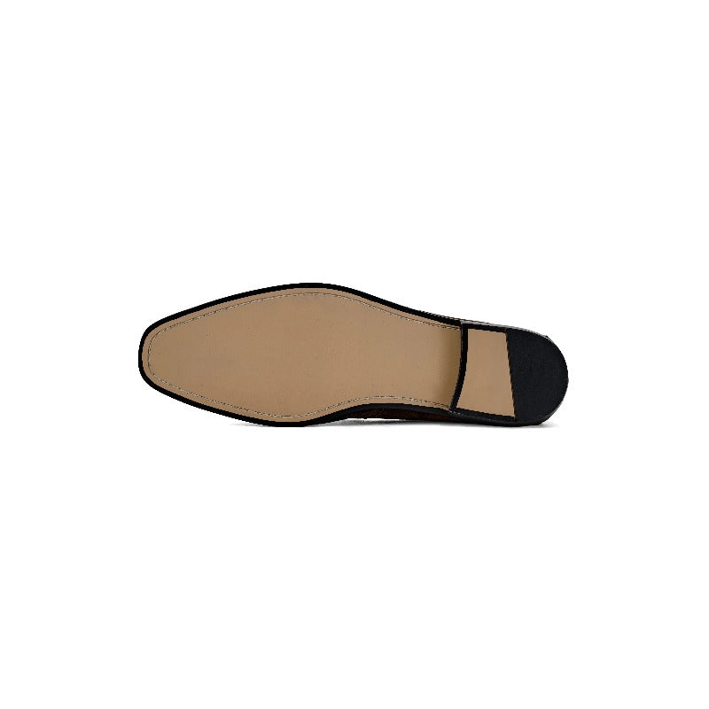 Lunepebbla Tan — handmade suede Venetian loafers for men, slip-on dress shoes detail view