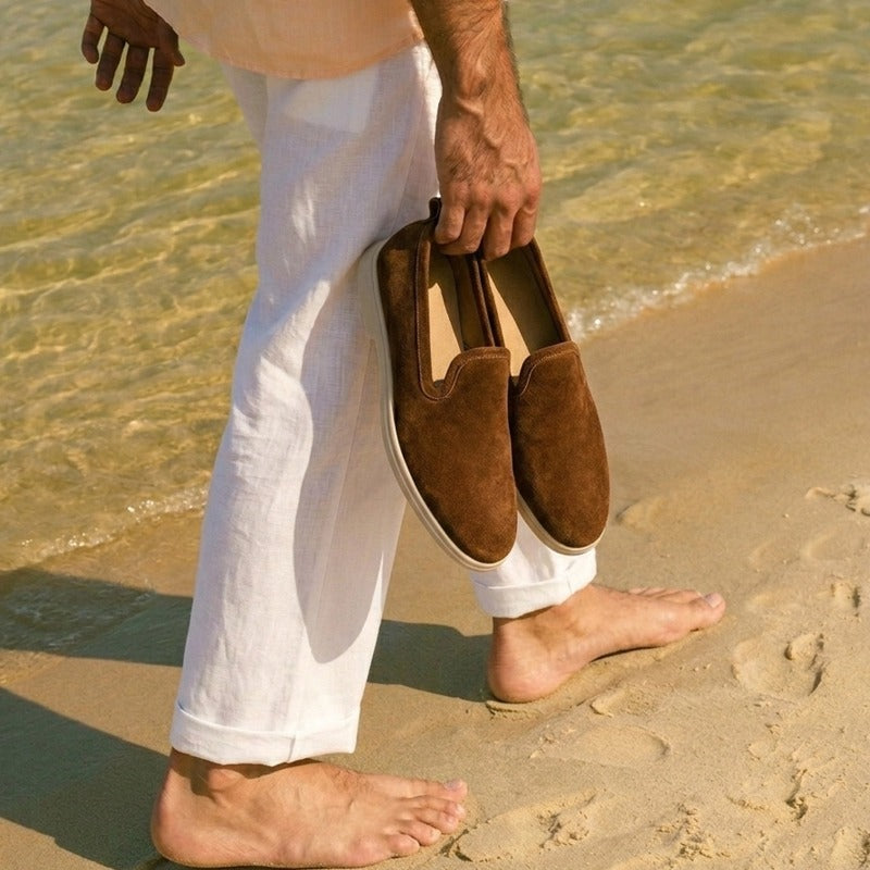 Lunepebbla Tan — handmade suede loafers white sole, summer slip-on shoes for men side profile