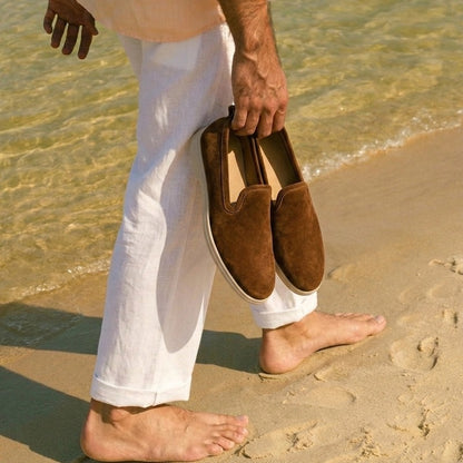 Lunepebbla Tan — handmade suede loafers white sole, summer slip-on shoes for men side profile