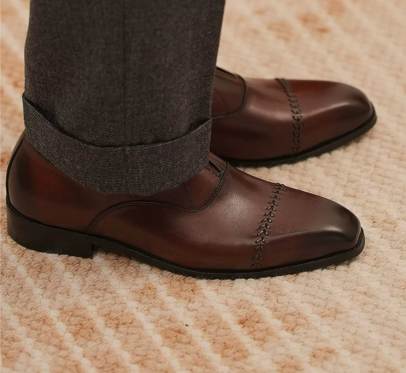 Handmade Brown Leather Laceless Cap-Toe Oxfords for Men