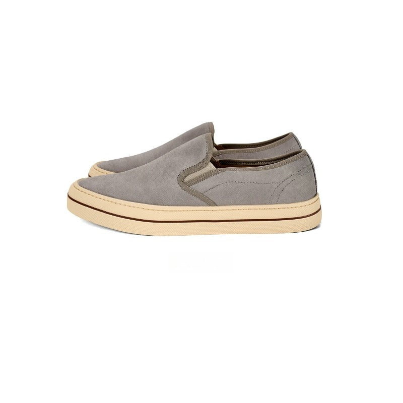 Lunepebbla Brown — handmade suede slip-on sneakers for men, gum sole casual shoes detail view