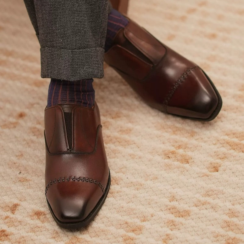 Handmade Brown Leather Laceless Cap-Toe Oxfords for Men