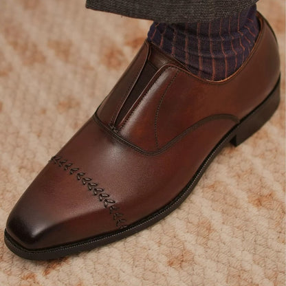Handmade Brown Leather Laceless Cap-Toe Oxfords for Men