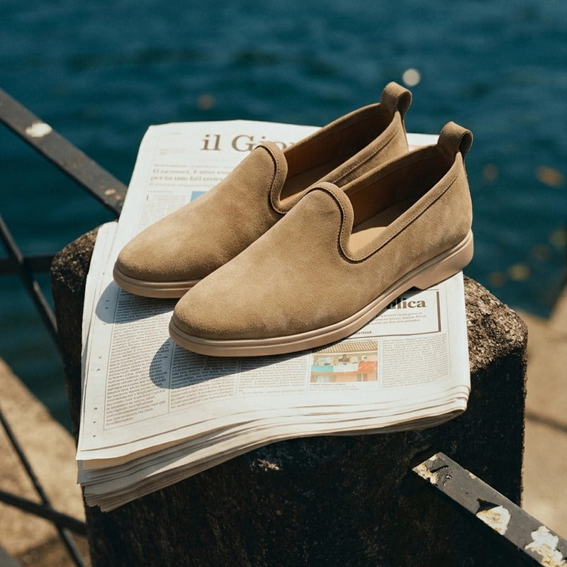 Lunepebbla Sand — handmade suede loafers white sole, summer slip-on shoes for men top down view