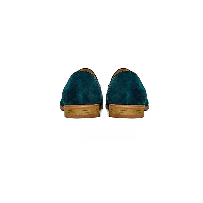 Lunepebbla suede horsebit loafers close-up showing suede nap texture and stitching detail