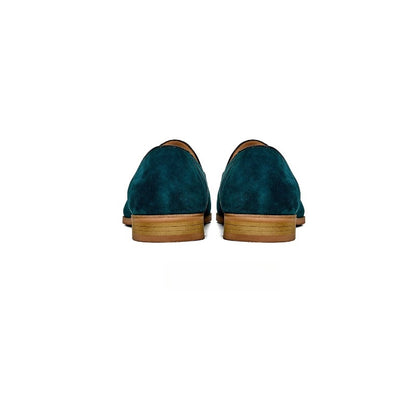 Lunepebbla suede horsebit loafers close-up showing suede nap texture and stitching detail