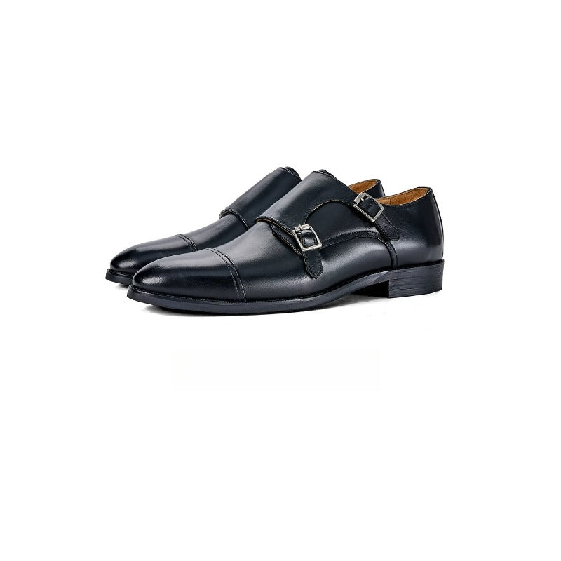 Lunepebbla handmade black waxed calfskin double monk strap shoes with silver buckles front view