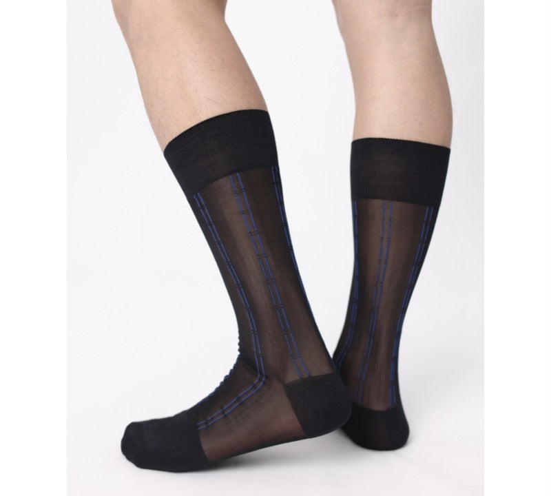 Lunepebbla pinstripe sheer black nylon dress socks with tonal opaque panels mid-calf on foot