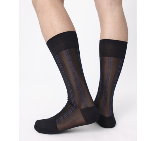 Lunepebbla pinstripe sheer black nylon dress socks with tonal opaque panels mid-calf on foot