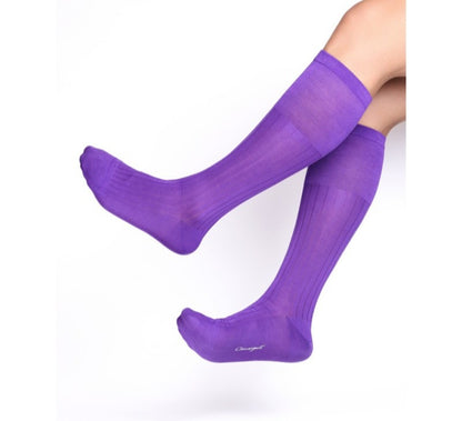 Lunepebbla opaque purple nylon dress socks for men, knee-high with full saturated color on foot
