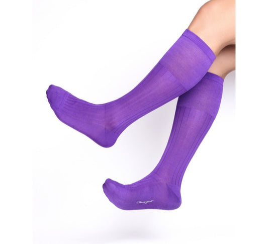 Lunepebbla opaque purple nylon dress socks for men, knee-high with full saturated color on foot