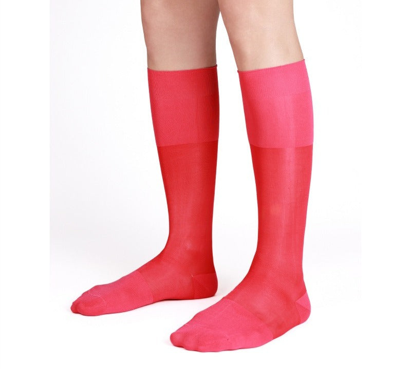 Lunepebbla semi-opaque coral nylon dress socks for men, knee-high with saturated color on foot