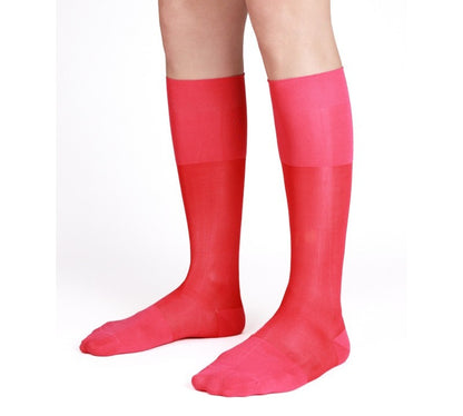 Lunepebbla semi-opaque coral nylon dress socks for men, knee-high with saturated color on foot