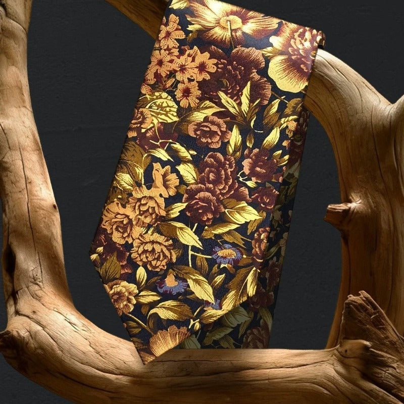 Lunepebbla baroque floral silk necktie draped showing fabric lustre and color depth