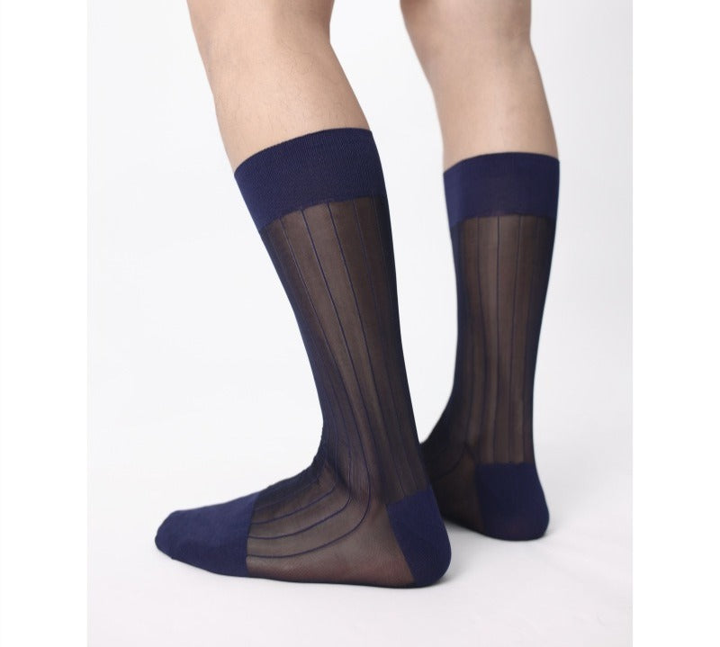Lunepebbla ribbed sheer navy nylon dress socks with contrast cuff toe and heel mid-calf on foot
