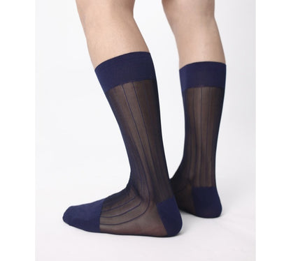 Lunepebbla ribbed sheer navy nylon dress socks with contrast cuff toe and heel mid-calf on foot