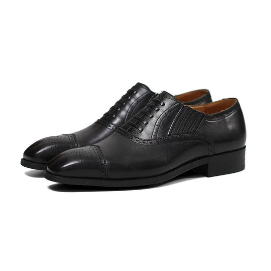 Handmade Black Cap-Toe Oxford Brogue Shoes for Men
