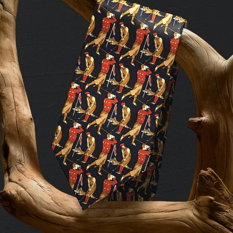 Lunepebbla golfer swing silk necktie draped showing sporty design and woven texture