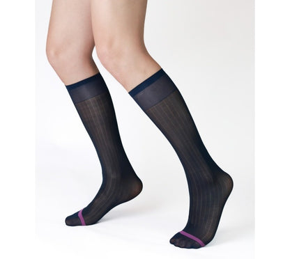 Lunepebbla ribbed sheer navy nylon dress socks with contrast pink toe, knee-high on foot