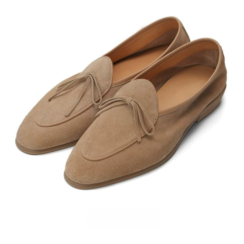 Lunepebbla handmade camel suede Belgian loafers for men with bow detail front view