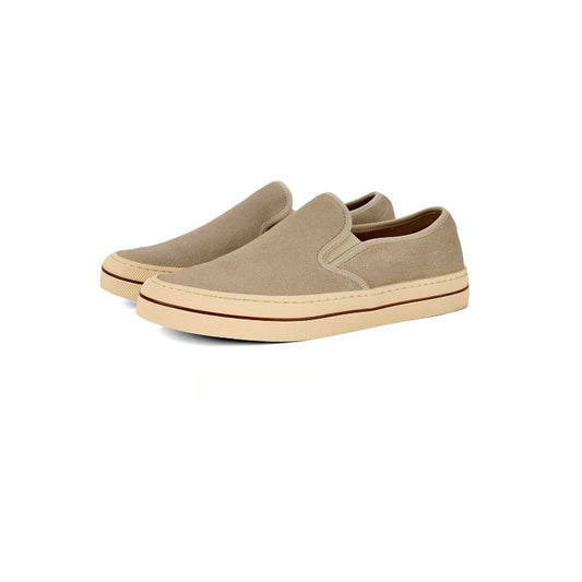 Lunepebbla Brown — handmade suede slip-on sneakers for men, gum sole casual shoes front view pair