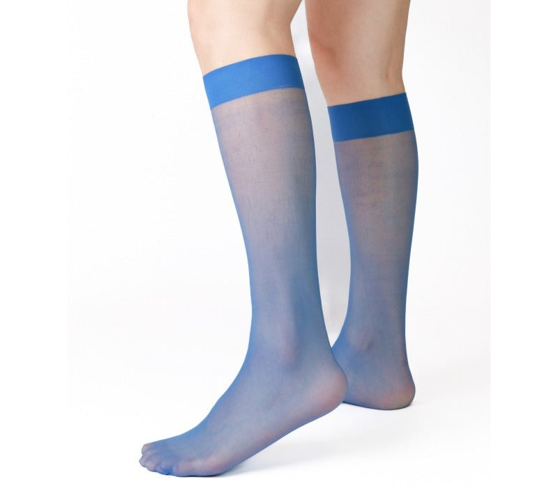 Lunepebbla sheer blue nylon dress socks for men, knee-high lightweight socks on foot
