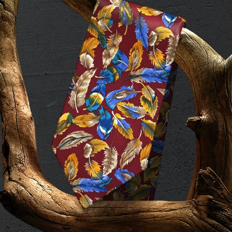 Lunepebbla feather pattern silk necktie draped showing texture and tonal variation
