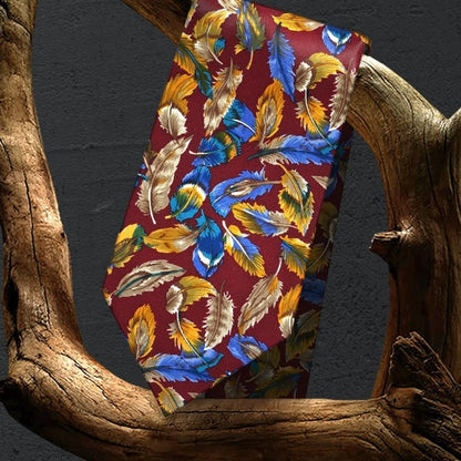 Lunepebbla feather pattern silk necktie draped showing texture and tonal variation