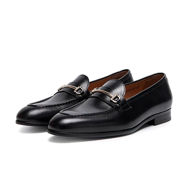 Lunepebbla handmade black leather horsebit loafers for men with gold-tone buckle front view