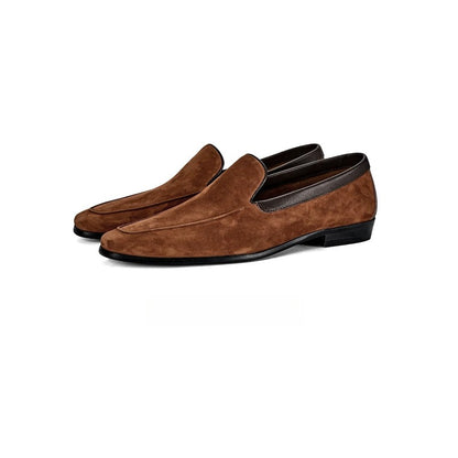 Lunepebbla Tan — handmade suede Venetian loafers for men, slip-on dress shoes front view pair