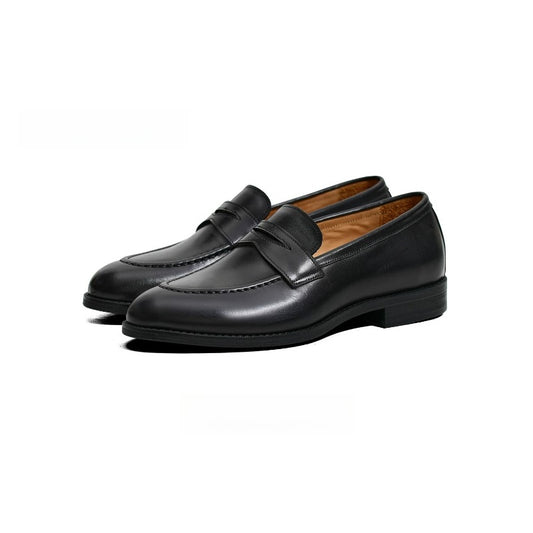 Lunepebbla handmade black waxed calfskin penny loafers with hand-burnished finish front view