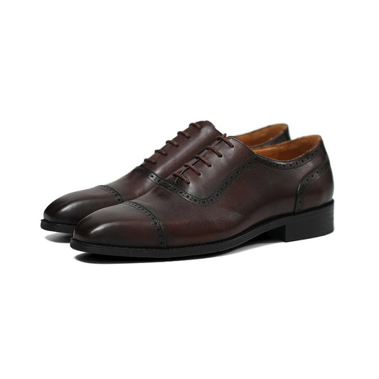 Lunepebbla handmade brown waxed calfskin cap-toe oxford shoes with quarter-brogue detailing
