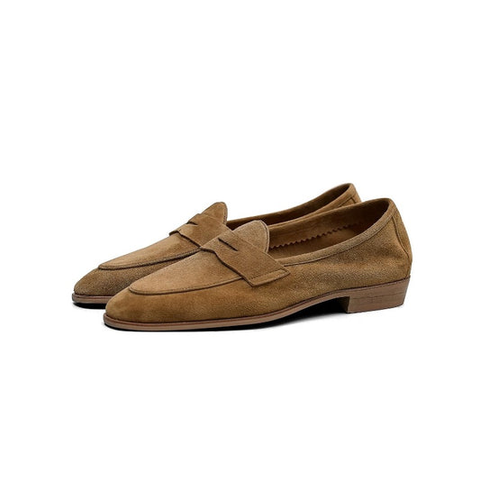 Lunepebbla handmade tan lambskin suede penny loafers with leather-welted Cuban heel front view
