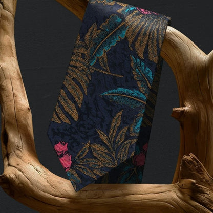 Lunepebbla tropical botanical silk necktie draped showing vibrant color and woven texture