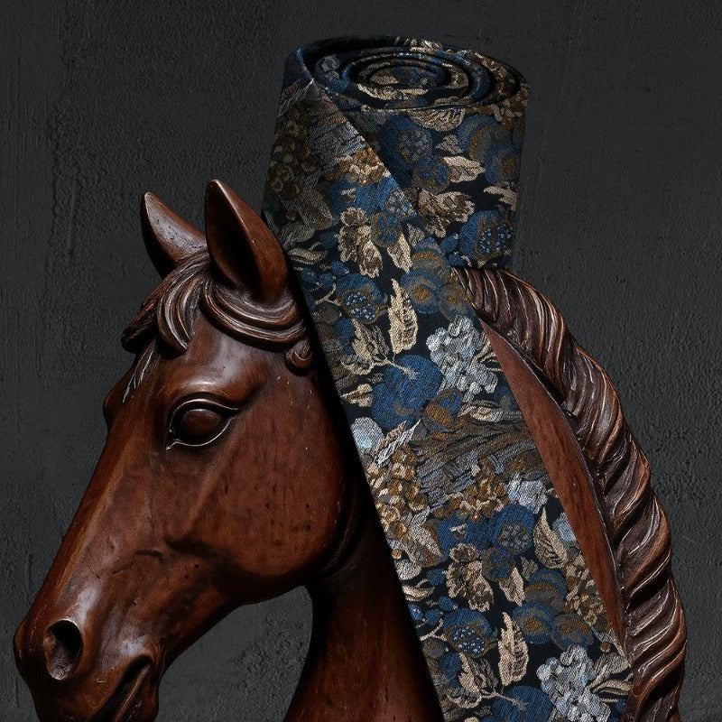 Lunepebbla vintage botanical silk necktie draped showing fabric drape and color depth