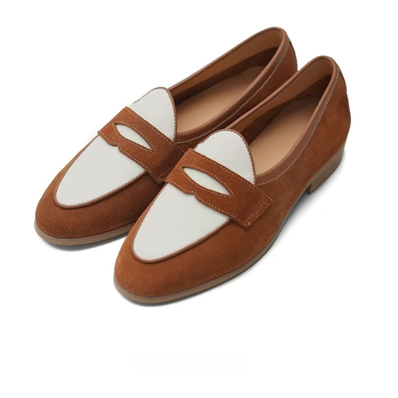 Lunepebbla handmade two-tone spectator penny loafers with brown suede saddle and white leather