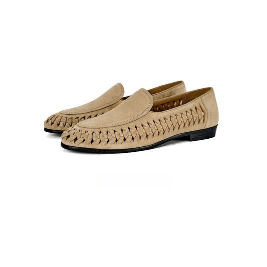 Lunepebbla Sand — handmade woven leather loafers for men, braided slip-on shoes front view pair