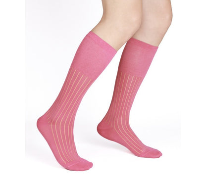 Lunepebbla pink ribbed sheer nylon knee-high dress socks for men, lightweight formal socks on foot