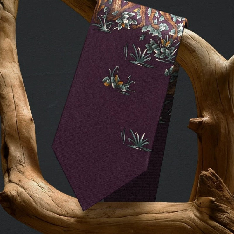 Lunepebbla hunting dog and deer silk necktie close-up showing jacquard woven animal pattern