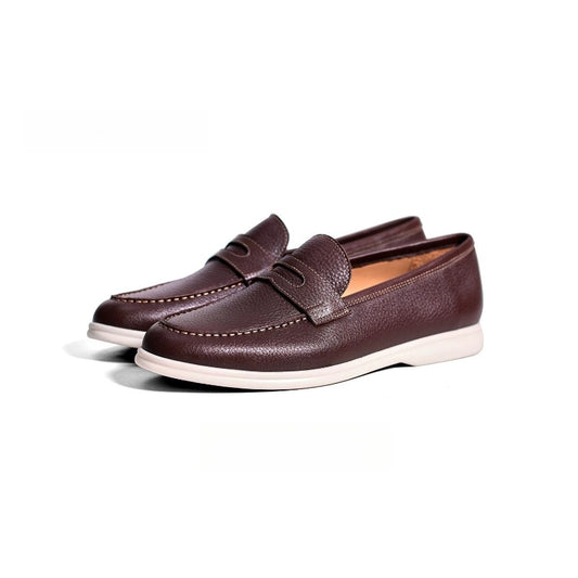 Lunepebbla handmade brown pebble-grain leather penny loafers with white lightweight rubber sole
