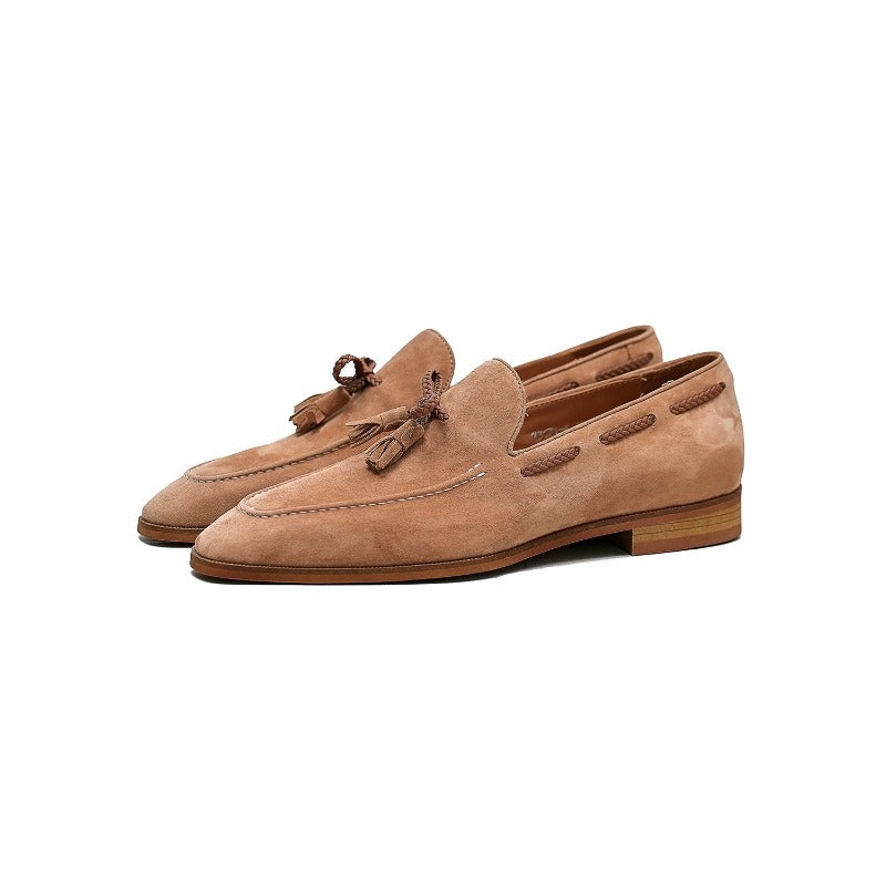 Lunepebbla handmade sand lambskin suede tassel loafers with dark-brown contrast tassels