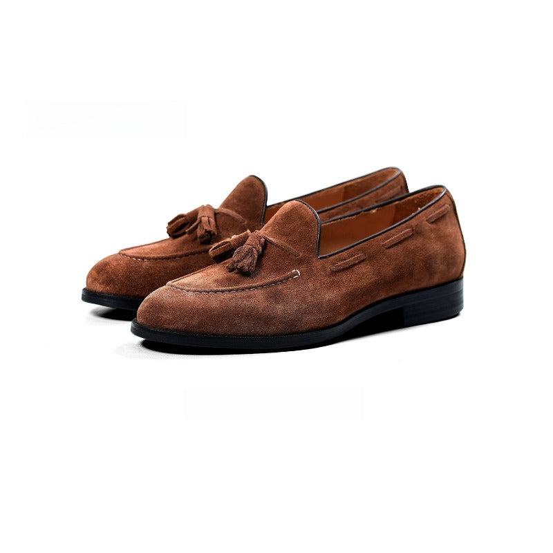 Lunepebbla handmade tobacco high-lustre cowhide suede tassel loafers with tonal suede tassels