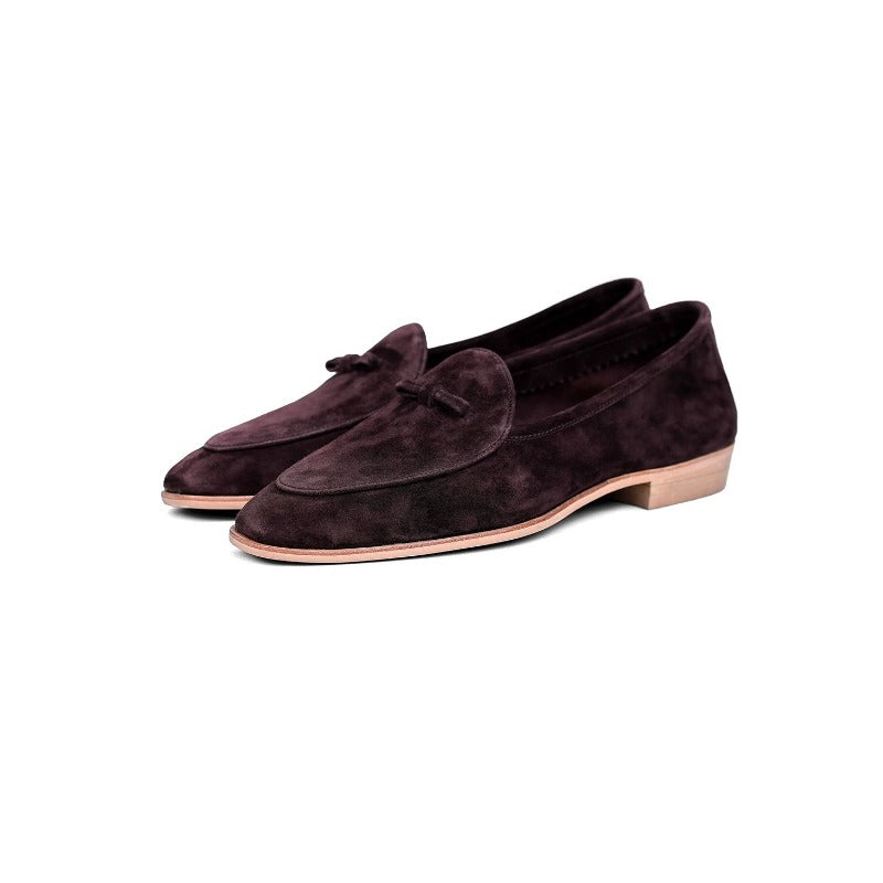 Lunepebbla handmade sand lambskin suede tassel loafers with dark-brown contrast tassels